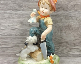 Vintage Porcelain Farm Boy Figurine | Dog & Wood Saw, 8" Collectible