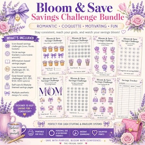 Può includere: Un set Bloom & Save Savings Challenge composto da fogli di monitoraggio finanziario stampabili con illustrazioni di fiori e fiocchi. Il kit include vari tracker di risparmio, grafici a cerchi e un registro, decorati con motivi di lavanda e rose.