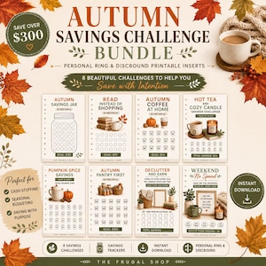 May include: An Autumn Savings Challenge bundle featuring eight printable inserts for personal ring and discbound planners. The set includes trackers for savings jars, reading, coffee, tea, candles, pumpkin spice, pantry, decluttering, and no-spend weekends.