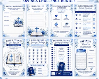 May include: A Faith Over Finances savings challenge bundle featuring eight printable sheets with blue floral accents and religious imagery. Includes a savings dashboard, prayer list, scripture dashboard, and various savings trackers with Bible themes.