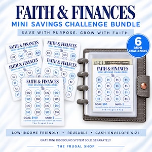 May include: A Faith & Finances mini savings challenge bundle featuring white cards with blue text and circular icons for tracking savings goals. A gray discbound binder holds one card with a twenty-dollar bill. Text includes 6 Mini Challenges.