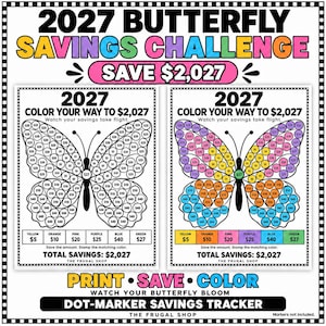 Op de afbeelding: Een 2027 Butterfly Savings Challenge spaartracker met twee vlinderillustraties en cirkelvormige segmenten om in te kleuren. De tekst luidt 2027 Butterfly Savings Challenge, Save $2,027, Color Your Way To $2,027 en Watch Your Savings Take Flight.