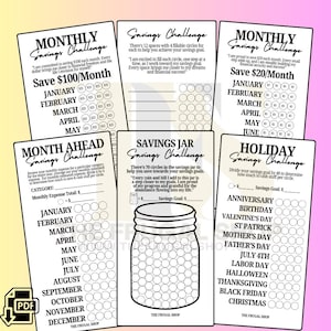 Monthly Savings Challenge Printable Digital Download Bundle — 6 Minimalist Challenges for Financial Success