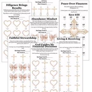 May include: A stack of white cards with text and illustrations. Each card features a different theme, including "Consistency in Saving" and "Abundance Mindset." The cards have spaces for tracking savings goals.