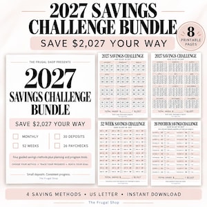 以下が含まれることがあります： 2027年の貯金チャレンジバンドル。白地に黒の文字と淡いピンクのアクセントが特徴の印刷可能な8ページ構成。月間、30回入金、52週間、26回の給与支払いという4つの貯金方法と、2,027ドルを貯めるための進捗管理ツールが含まれています。