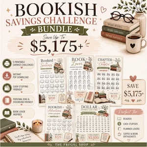 Könnte beinhalten: Ein Set aus fünf druckbaren Spar-Challenges mit Buchmotiven, darunter Illustrationen von Bücherstapeln, Lesebrillen und Kaffeetassen. Das Set enthält Textbeschriftungen für Sparziele sowie verschiedene Symbole für den digitalen Download.