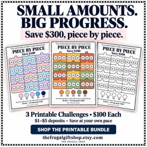 May include: Three printable savings challenge sheets titled PIECE BY PIECE, each with a $100 goal. The sheets feature puzzle-shaped sections with dollar amounts from $1 to $5, a colour-coded key, and the text SMALL AMOUNTS. BIG PROGRESS. Save $300.