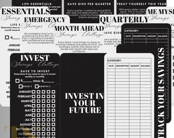 May include: A collection of black and white savings challenge cards with various titles like "Essentials," "Quarterly," and "Invest." Each card features text and spaces for tracking savings goals and amounts. The cards are designed to help individuals manage their finances.