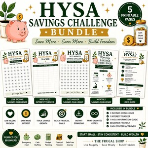 May include: A digital bundle of five printable pages for a HYSA Savings Challenge, featuring a pink piggy bank, gold coins, and a glass jar. The documents include a savings tracker, dot marker challenge, monthly challenge, and an info guide.