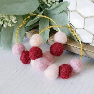 Felt Pom Pom Hoop Earrings, Mauve Statement Jewelry, Beaded Ball Hoops