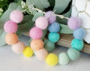 Felt Pom Pom Hoop Earrings, Pastel Rainbow Statement Jewelry, Beaded Ball Hoops