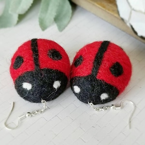 Felt Ladybug Earrings, Lady Bug Dangle Earrings, Bug Statement Jewelry