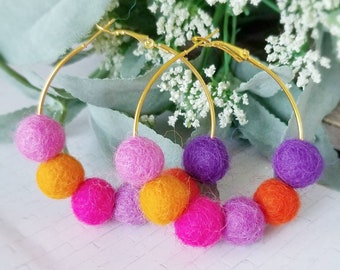 Felt Pom Pom Hoop Earrings, Bright Statement Jewelry, Beaded Ball Hoops