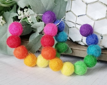 Felt Pom Pom Hoop Earrings, Bright Rainbow Statement Jewelry, Beaded Ball Hoops