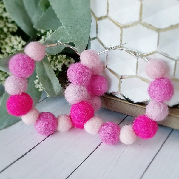 Felt Pom Pom Hoop Earrings, Pom Statement Jewelry, Beaded Ball Hoops