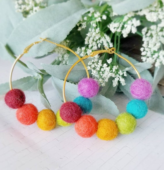 Buy Felt Pom Pom Hoop Earrings Rainbow Statement Jewelry Beaded