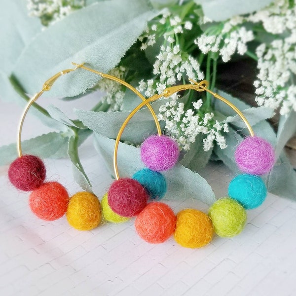 Felt Pom Pom Hoop Earrings, Rainbow Statement Jewelry, Beaded Ball Hoops