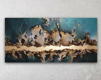 Large Original abstract painting, textured painting, modern home decor, made-to-order, blue and gold,3D gold leaf wall art.
