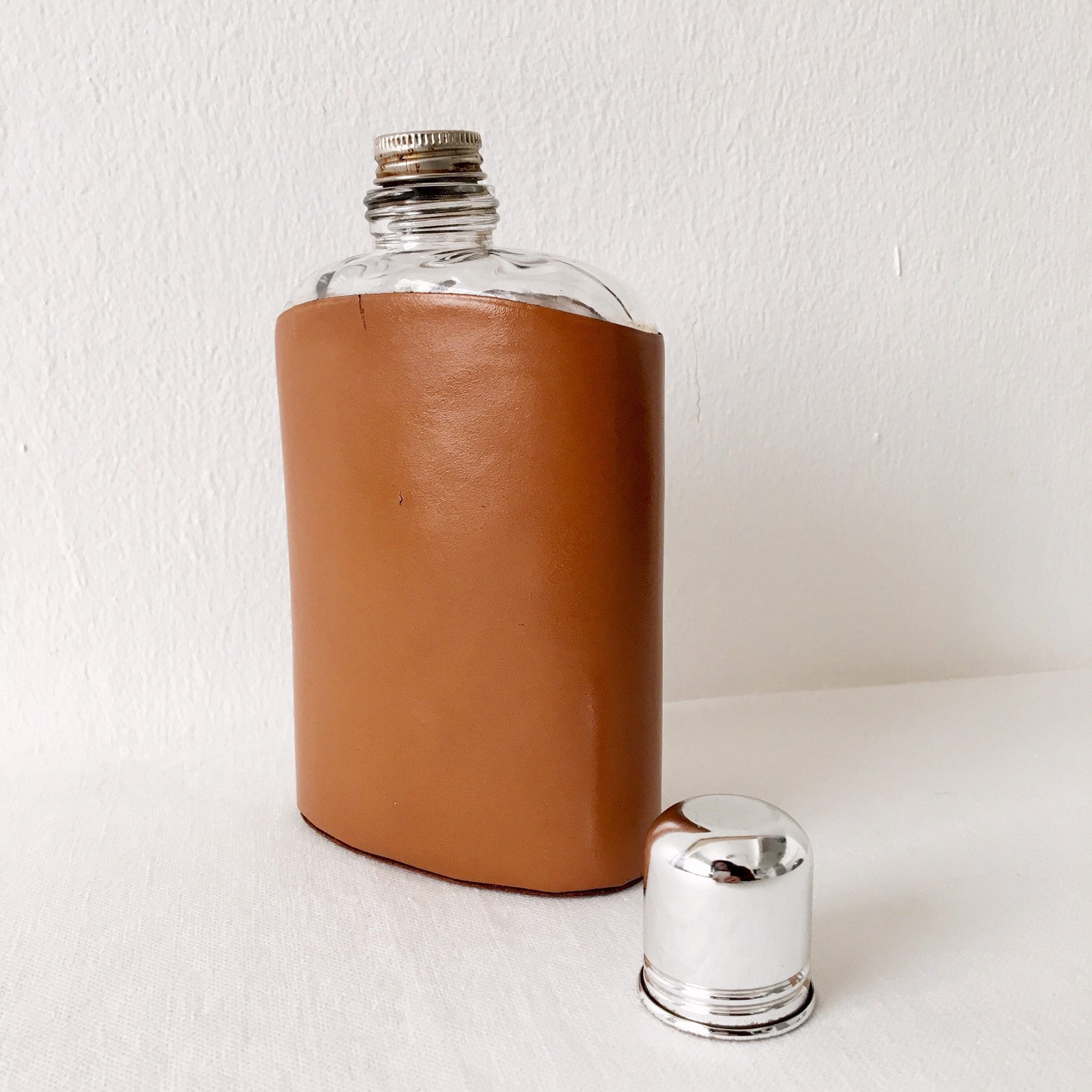 Vintage glass and leather flask Etsy