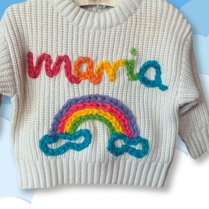 Custom Baby Sweater with name and rainbow, Gender reveal ideas, Embroidered Name Sweater, Baby Announcement, Baby Gift or Birthday Outfit