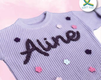 Suéter bordado con nombre personalizado y flores para bebés, niños pequeños, niños y adultos. Regalo tejido personalizado para cumpleaños o sesiones de fotos.