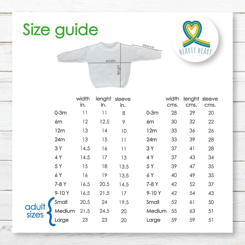HEARTY HEART sweaters size chart guide