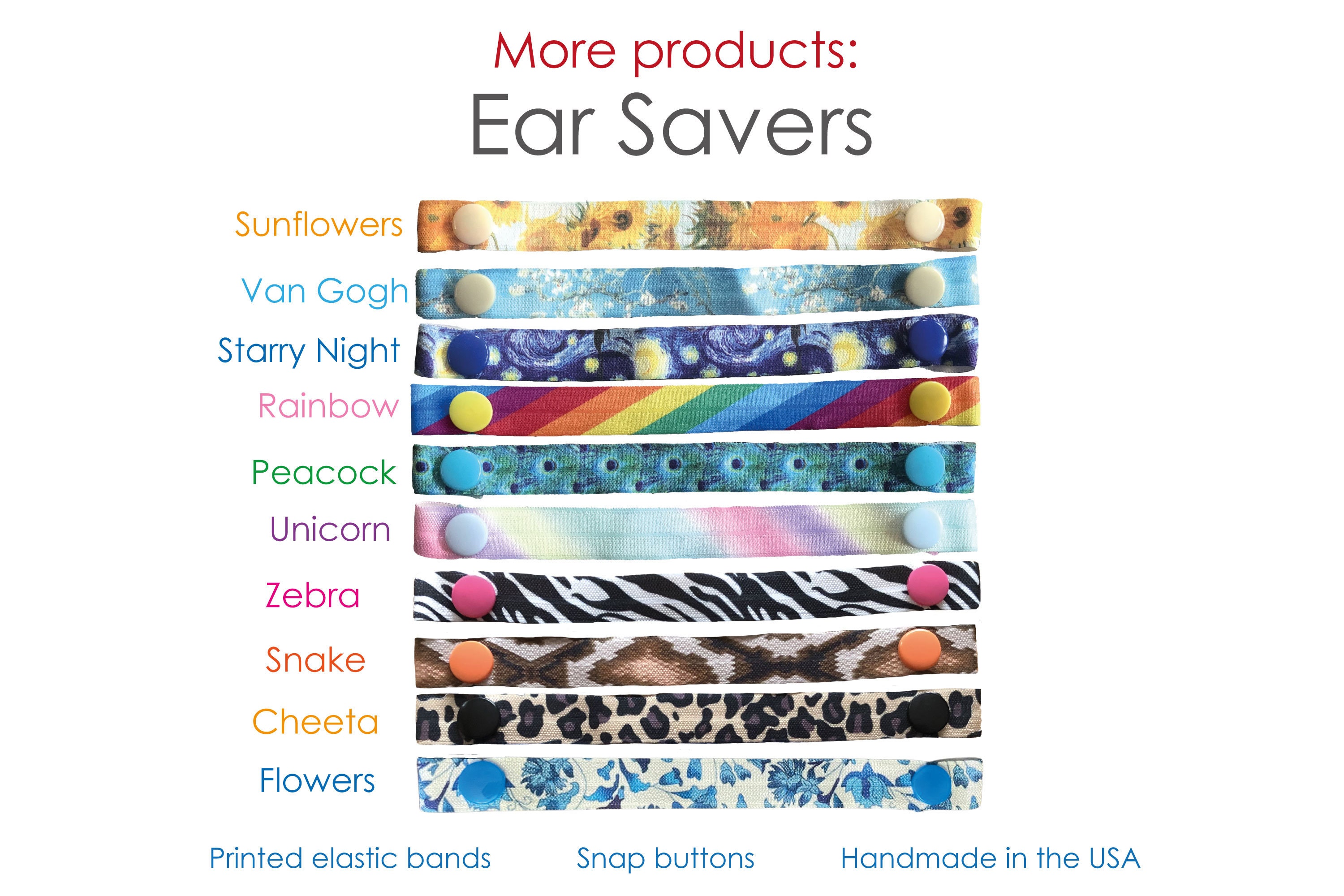 Ear Snap EAR SAVERS, Elastic Ear Savers, Snap Button Ear Savers, Soft Printed ...