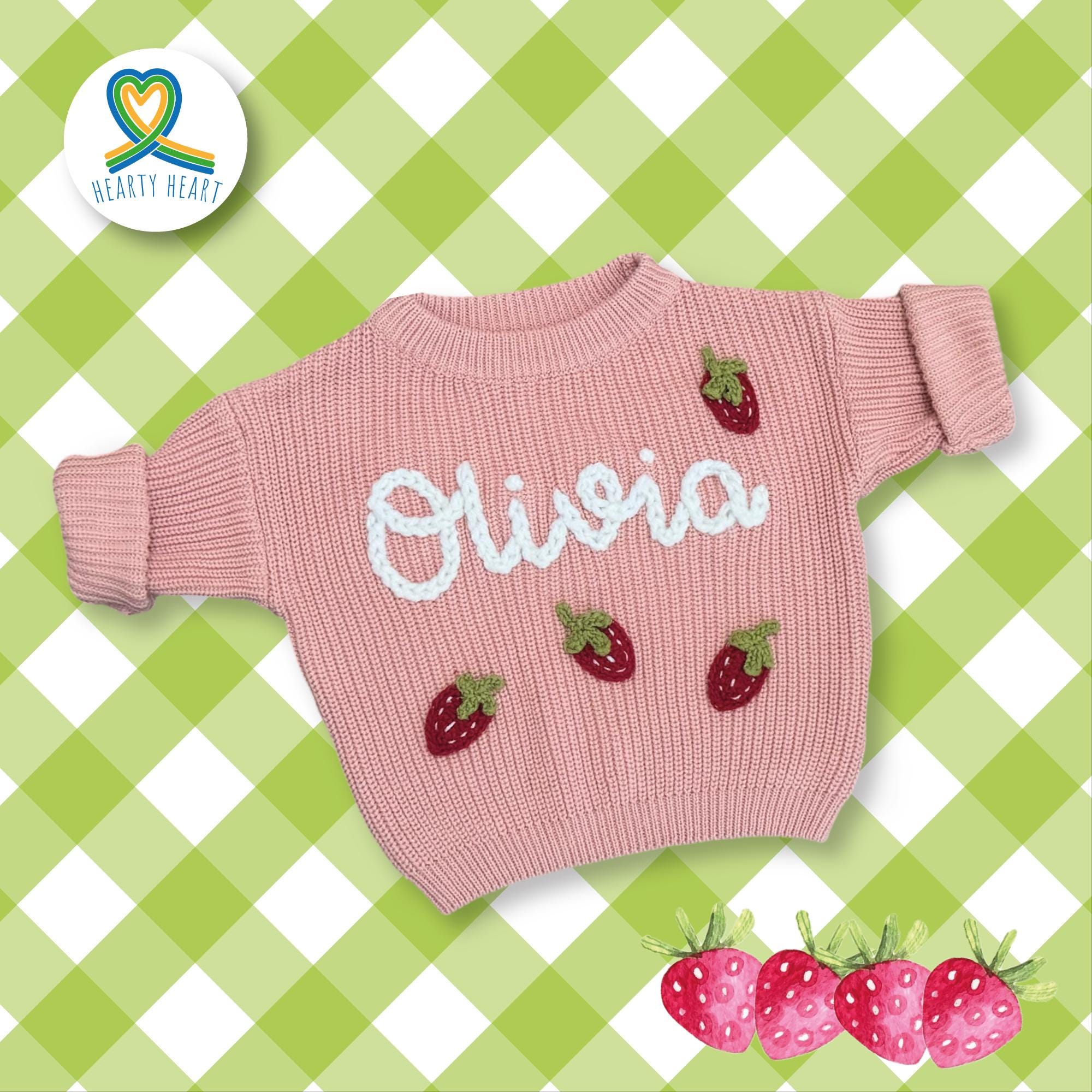 Strawberry custom name embroidered sweater for babies, toddlers, kids and adults.  Personalized knitted gift for birthday or photo shoot