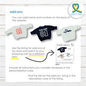 May include: Three sweaters with customization options. One white sweater with orange number 11, one navy sweater with white text DOLGEN and number 01, and one white sweater with blue text Shea. Text includes add-ons, instructions, and store details.