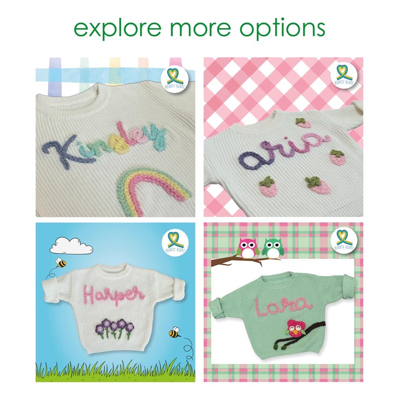 May include: Four knitted sweaters featuring personalized names and embroidered motifs. The top left shows Kinsley with a rainbow, top right shows aria with strawberries, bottom left shows Harper with flowers, and bottom right shows Lara with an owl.
