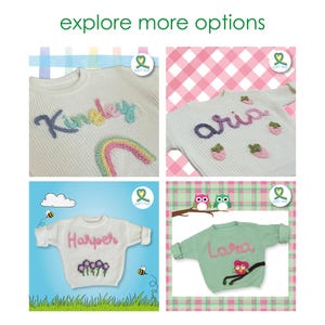 Puede incluir: Cuatro su&eacute;teres de punto con nombres personalizados y motivos bordados. Arriba a la izquierda Kinsley con un arco&iacute;ris, arriba a la derecha aria con fresas, abajo a la izquierda Harper con flores y abajo a la derecha Lara con un b&uacute;ho.