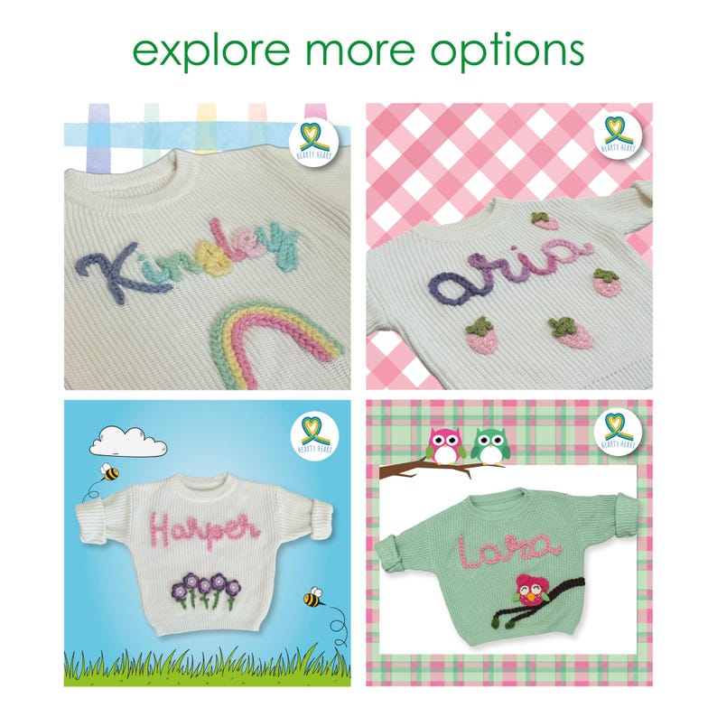 Puede incluir: Cuatro su&eacute;teres de punto con nombres personalizados y motivos bordados. Arriba a la izquierda Kinsley con un arco&iacute;ris, arriba a la derecha aria con fresas, abajo a la izquierda Harper con flores y abajo a la derecha Lara con un b&uacute;ho.