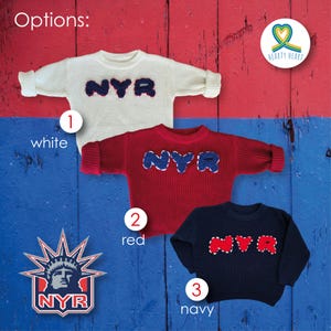 sweater with embroidered NYR initials which stand for New York Rangers, Ice Hockey team sweater, New born baby clothes, gender reveal ideas, Baby name sweater, New York team