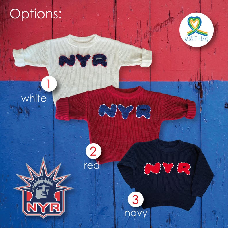 sweater with embroidered NYR initials which stand for New York Rangers, Ice Hockey team sweater, New born baby clothes, gender reveal ideas, Baby name sweater, New York team