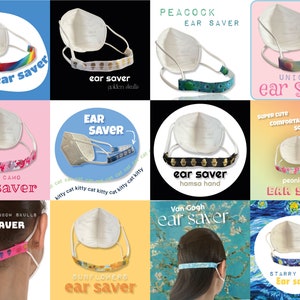 May include: A collage of nine images showcasing different designs of ear savers. Each ear saver is made of fabric with a variety of patterns, including rainbows, unicorns, sunflowers, and a hamsa hand. The text "ear saver" appears on each image.