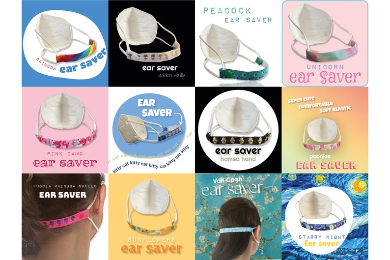 May include: A collage of nine images showcasing different designs of ear savers. Each ear saver is made of fabric with a variety of patterns, including rainbows, unicorns, sunflowers, and a hamsa hand. The text "ear saver" appears on each image.