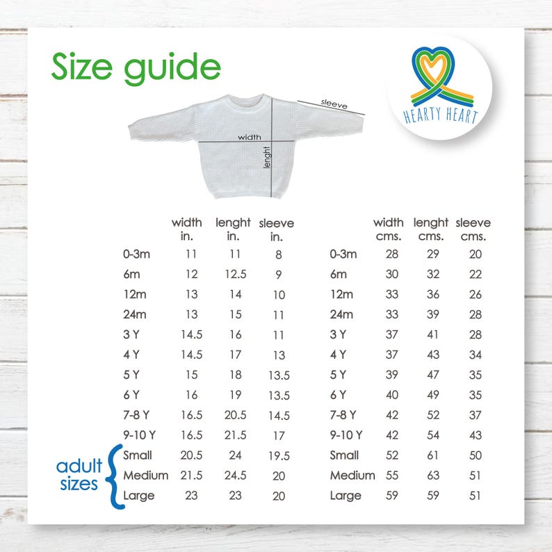 HEARTY HEART sweaters size chart guide