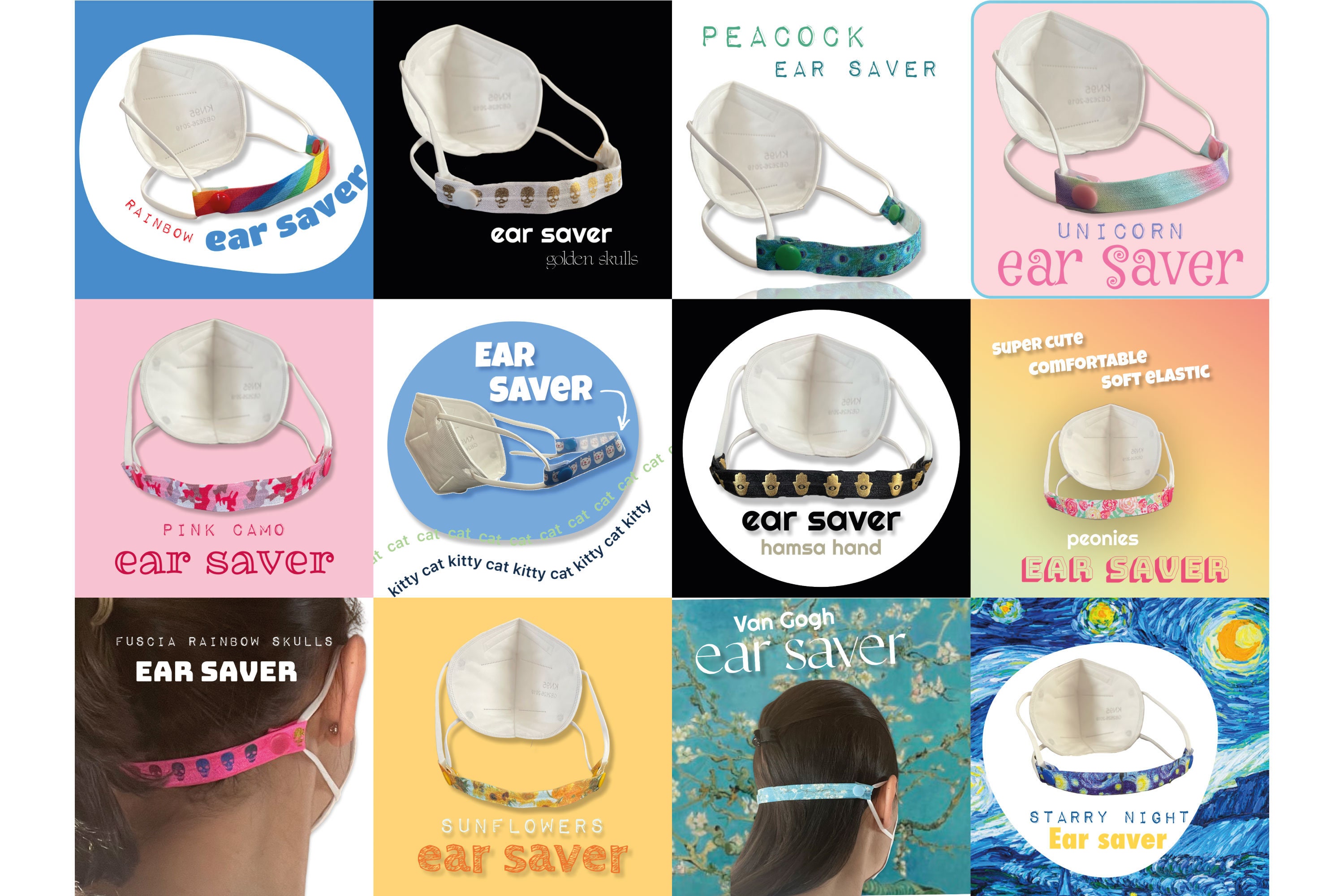 Ear Snap EAR SAVERS, Elastic Ear Savers, Snap Button Ear Savers, Soft Printed ...