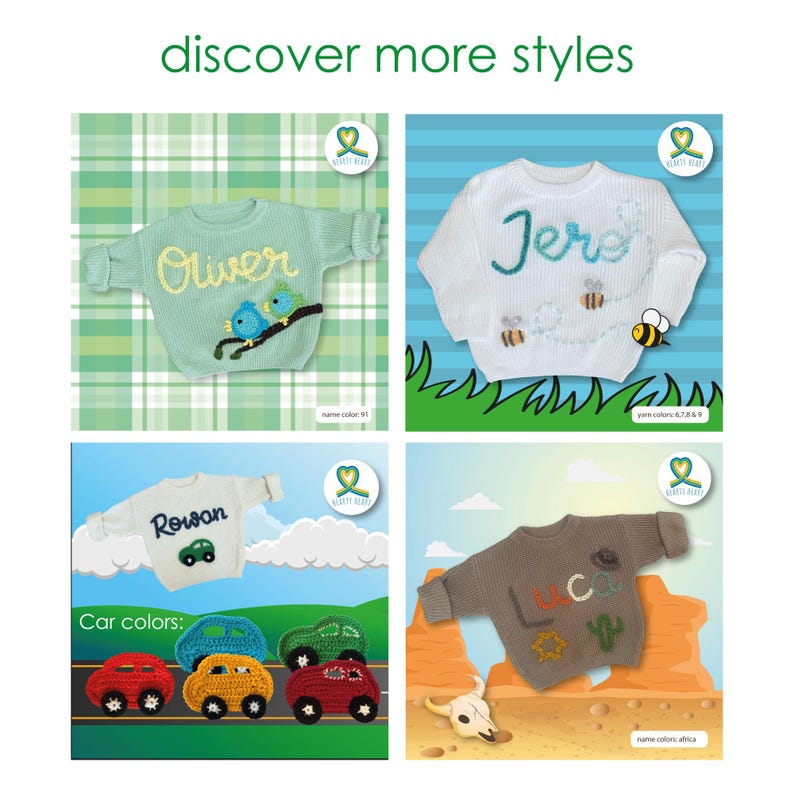 Puede incluir: Cuatro jers&eacute;is de punto con nombres personalizados y motivos bordados: un jersey verde claro con p&aacute;jaros azules, uno blanco con abejas, uno blanco con un coche y uno marr&oacute;n con iconos del desierto. El texto incluido es discover more styles.