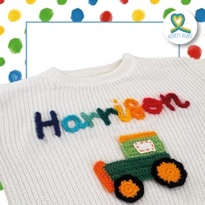 Name embroidered sweater with colorful steam train, tractor, personalized knitted baby sweater, gender reveal ideas, birthday boy gift