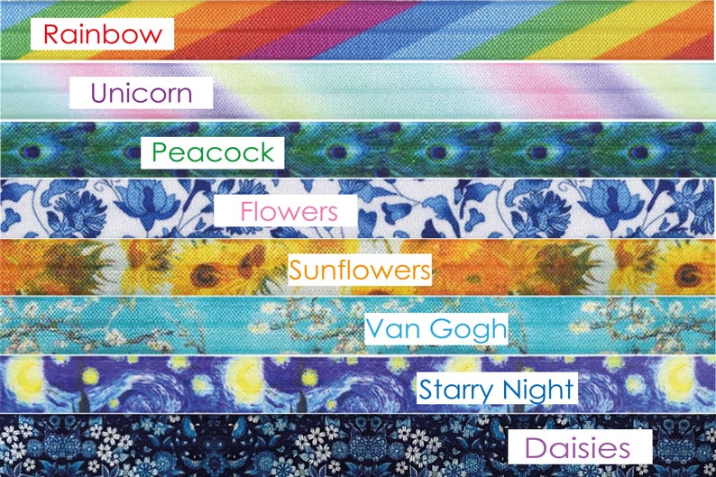 May include: A set of colorful elastic hair ties with various patterns, including a rainbow, unicorn, peacock, flowers, sunflowers, Van Gogh's Starry Night, and daisies.