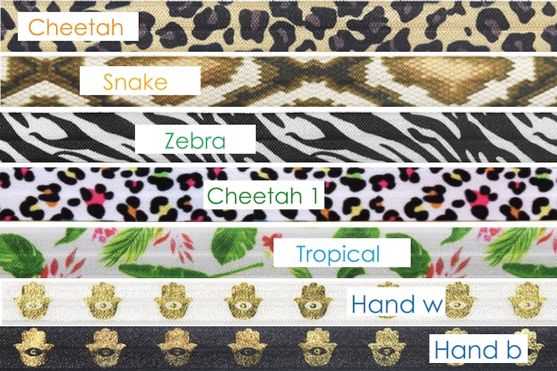 May include: Six different fabric strips with various animal prints and patterns. The strips are labeled "Cheetah", "Snake", "Zebra", "Cheetah 1", "Tropical", "Hand w", and "Hand b".