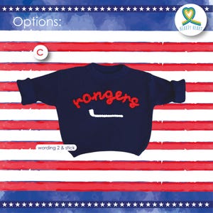 sweater with embroidered Rangers wording which stand for New York Rangers, Ice Hockey team sweater, New born baby clothes, gender reveal ideas, Baby name sweater, New York team