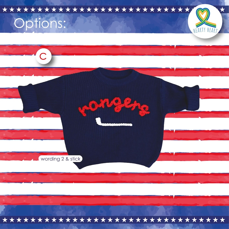 sweater with embroidered Rangers wording which stand for New York Rangers, Ice Hockey team sweater, New born baby clothes, gender reveal ideas, Baby name sweater, New York team