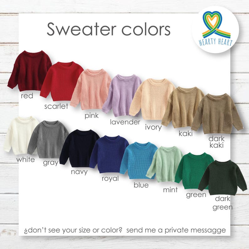 Puede incluir: Una colecci&oacute;n de su&eacute;teres de manga larga en varios colores, incluyendo rojo, escarlata, rosa, lavanda, marfil, caqui, caqui oscuro, blanco, gris, azul marino, azul real, azul, menta, verde y verde oscuro. El texto dice Sweater colors y Hearty Heart.