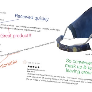 May include: Five-star reviews for a face mask with a blue and white print. The reviews highlight the product's comfort, fit, and ease of use. The text "Received quickly. Great product!" and "Soft, comfortable" are highlighted in the image.