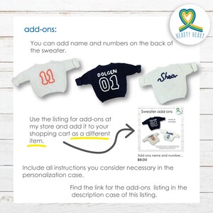 Puede incluir: Tres su&eacute;teres con opciones de personalizaci&oacute;n. Un su&eacute;ter blanco con el n&uacute;mero 11 en naranja, un su&eacute;ter azul marino con el texto blanco DOLGEN y el n&uacute;mero 01, y un su&eacute;ter blanco con el texto azul Shea. El texto incluye instrucciones y detalles.