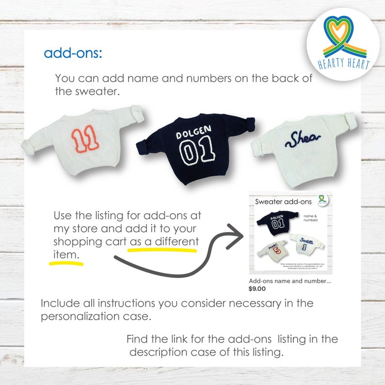 Puede incluir: Tres su&eacute;teres con opciones de personalizaci&oacute;n. Un su&eacute;ter blanco con el n&uacute;mero 11 en naranja, un su&eacute;ter azul marino con el texto blanco DOLGEN y el n&uacute;mero 01, y un su&eacute;ter blanco con el texto azul Shea. El texto incluye instrucciones y detalles.
