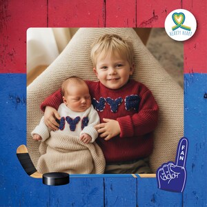 A baby boy and a toddler are wearing a New York Rangers knitted embroidered sweater, Ice Hockey sweater, New born baby clothes, gender reveal ideas, Baby name sweater, New York team