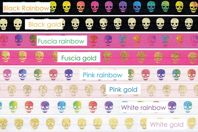 May include: A set of eight elastic hair ties with a skull design. The hair ties are available in black, fuchsia, pink, and white. Each color has a rainbow and gold option. The hair ties are made of elastic and have a glitter finish.